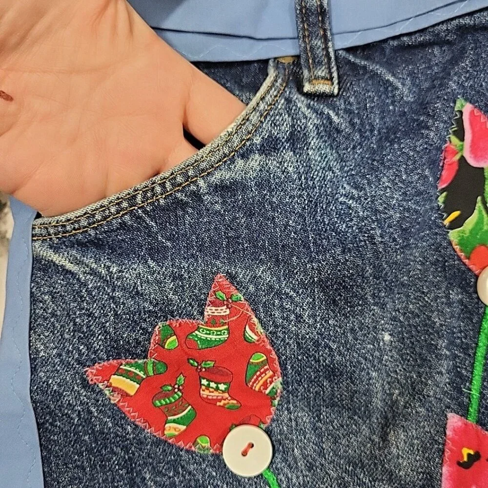 Handmade Denim Half‎ Apron Flower Patchwork Buttons Original By Barbara  VTG